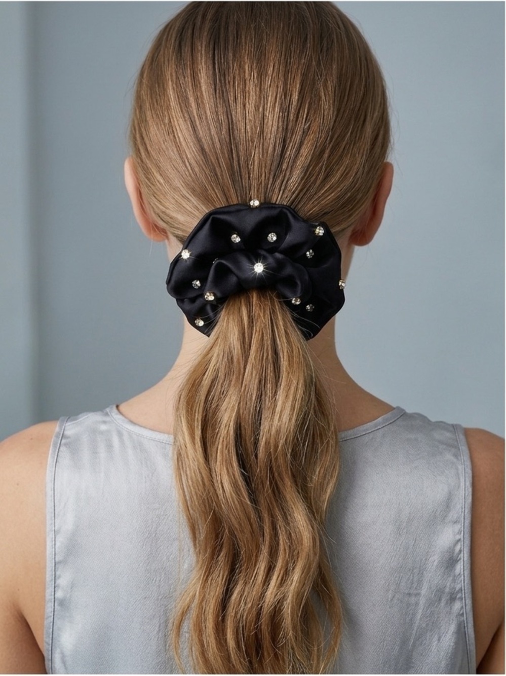 NWT Berry Black Satin Rhinestone Scrunchie Hair Tie Ponytail Holder Glam